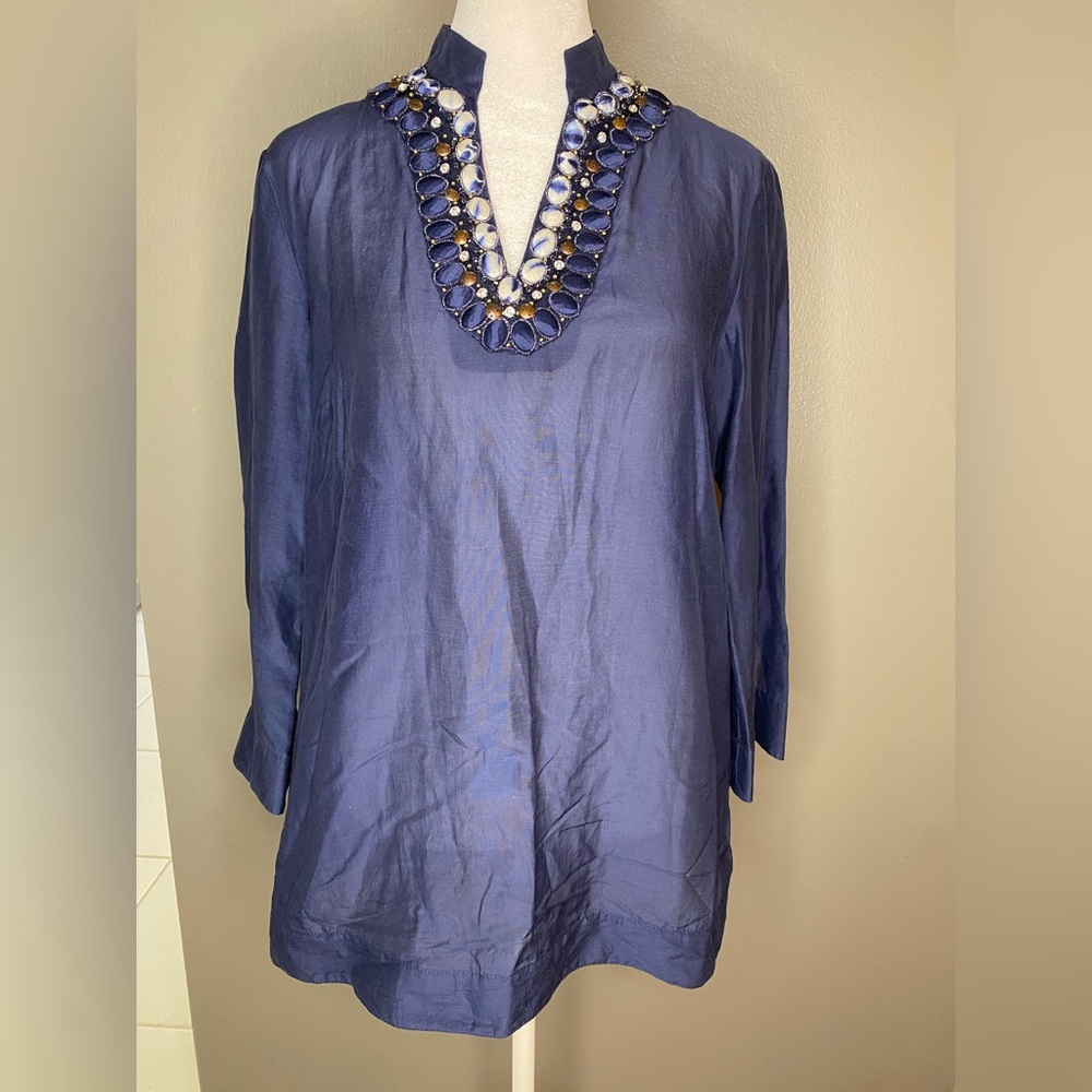 Lafayette 148 New York Embellished Rhinestone Silk V-Neck Navy Tunic Top -Size 0